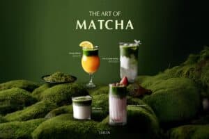 ภาพโฆษณาชุด "The Art of Matcha" ของ Davin Cafe ที่มีเครื่องดื่ม 4 ชนิดจัดวางในฉากธรรมชาติที่มีมอสและก้อนหิน.