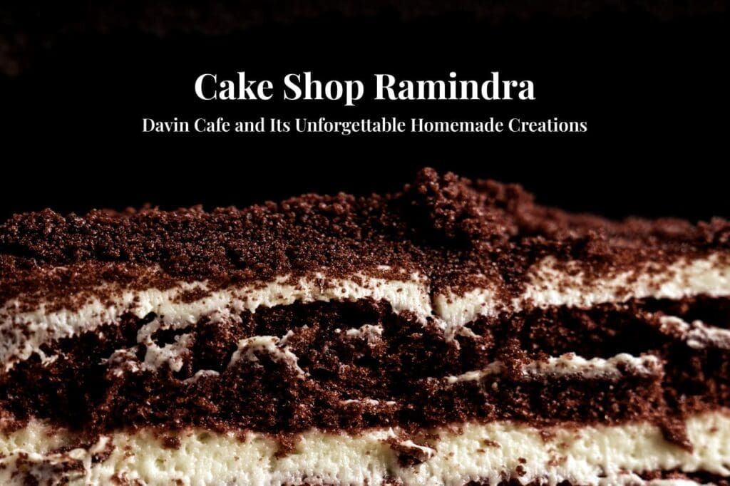 Close-up cover photo for "Cake Shop Ramindra" article, featuring a layered homemade chocolate cake with white cream and crumb texture.
