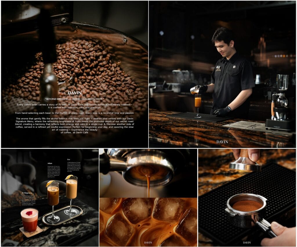 ภาพคอลลาจแสดงกระบวนการชงกาแฟสเปเชียลตี้ของ Davin Cafe ตั้งแต่การคั่วเมล็ด, การสกัดเอสเพรสโซ, การทำงานของบาริสต้า, จนถึงเครื่องดื่มซิกเนเจอร์.
