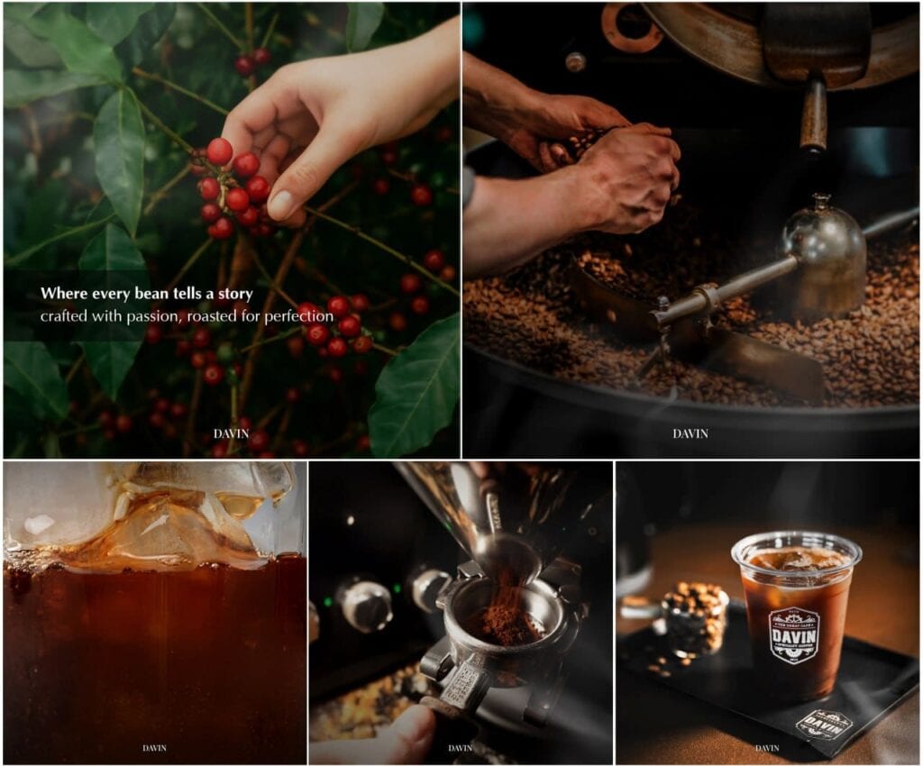 Collage of five images illustrating the complete Davin Cafe specialty coffee journey: from hand-picking red cherries and expert roasting to espresso extraction and the final cup.