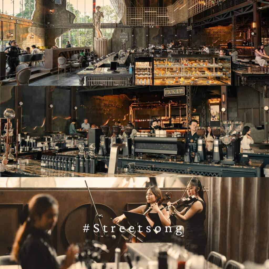 บรรยากาศภายใน Davin Cafe บนถนนประดิษฐ์มนูธรรม มีโซนเคาน์เตอร์กาแฟ เบเกอรี่ และพื้นที่ดนตรีสด สะท้อนประสบการณ์ร้านอาหารจัดเลี้ยงและคาเฟ่ที่ครบทั้งรสชาติและบรรยากาศในย่านประดิษฐ์มนูธรรม