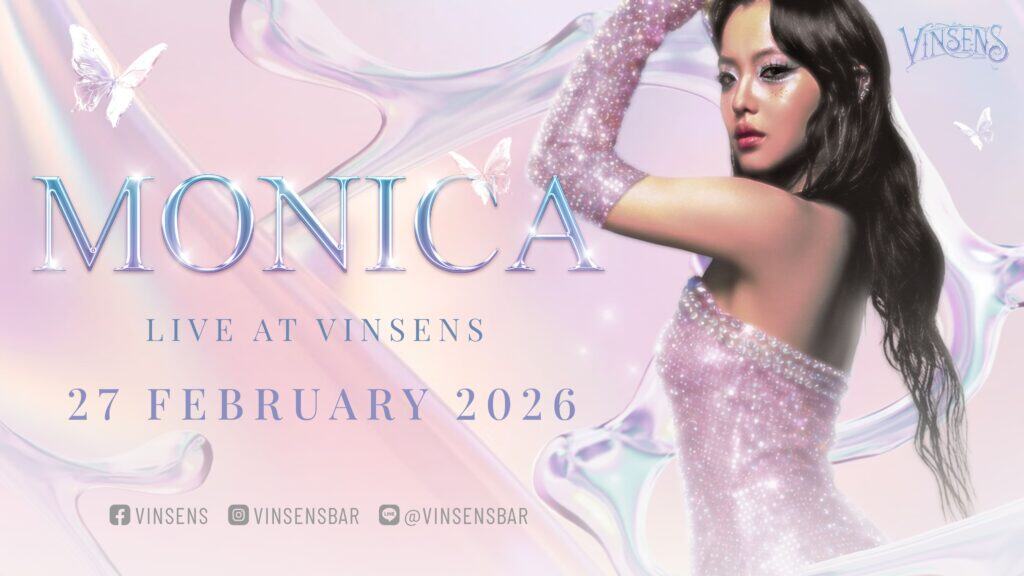 A promotional poster announcing the "Monica Live at Vinsens" event, featuring singer Monica in a sparkling pink dress. The poster details her live performance scheduled for February 27, 2026, at Vinsens Bar, including relevant social media contact information.