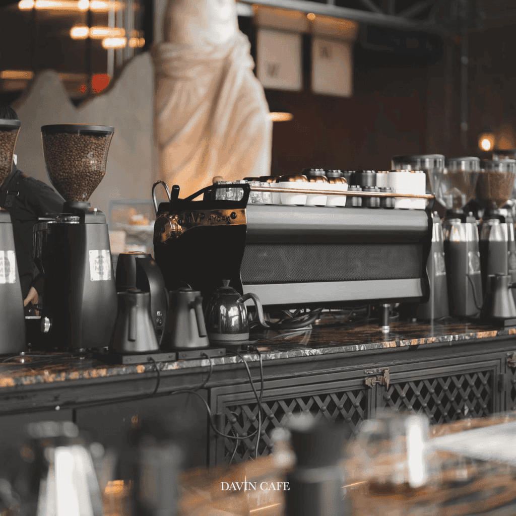 Latte art specialty coffee bar with espresso machine and coffee equipment used for creating latte art in a premium cafe