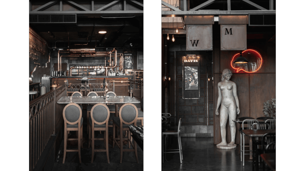DAVIN CAFE premium cafe studio rental featuring industrial luxury bar, artistic design and neon lighting, ideal photoshoot location for fashion, content creation and professional production