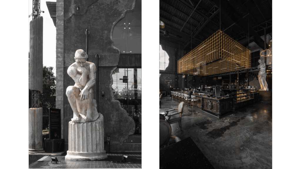 DAVIN CAFE สถานที่เช่าสำหรับถ่ายรูปสไตล์ลอฟท์ผสมคลาสสิก มีงานสถาปัตยกรรมรูปปั้นและดีไซน์หรู เหมาะสำหรับ Cafe Studio และงานถ่ายภาพระดับมืออาชีพ