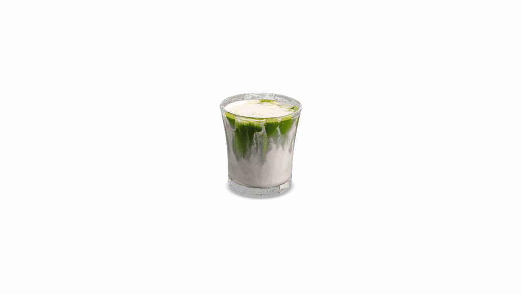 DIRTY MATCHA at DAVIN CAFE, premium layered matcha with espresso and milk, rich authentic green tea flavor with creamy texture, unique iced matcha coffee fusion drink in modern cafe style