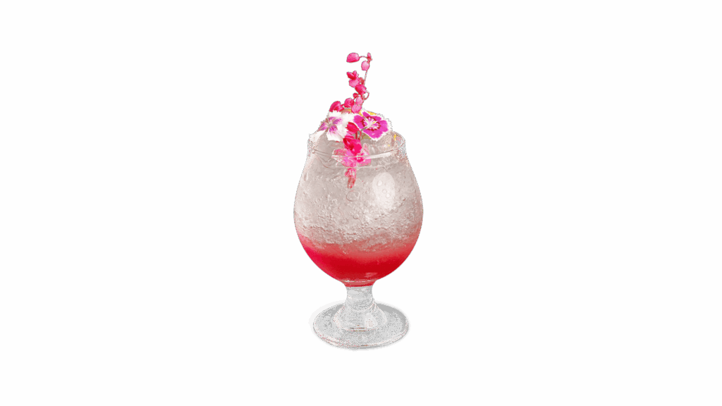 เมนู JUMP OF THE KISSES จาก DAVIN CAFE ม็อกเทลสีชมพูไล่เฉดแบบ sparkling ตกแต่งด้วยดอกไม้สด ให้ความรู้สึกหวานละมุน สดใส และหรูหรา เหมาะกับคาเฟ่สาย aesthetic และม็อกเทลพรีเมียม