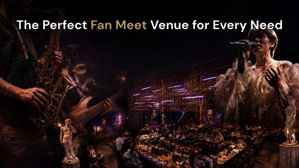 Hero image for Davin Cafe as a Bangkok fan meet venue, featuring live music, stage lighting, spacious interiors, and an immersive event atmosphere designed for artist gatherings, fan activities, private events, and premium food and beverage experiences.
