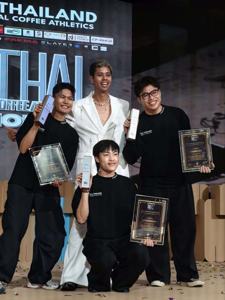Winners and award recipients at PCA Latte Art Thailand 2026, a national latte art championship showcasing top baristas, specialty coffee excellence, creativity, and professional coffee craftsmanship, with DAVIN CAFE proudly represented among the achievers