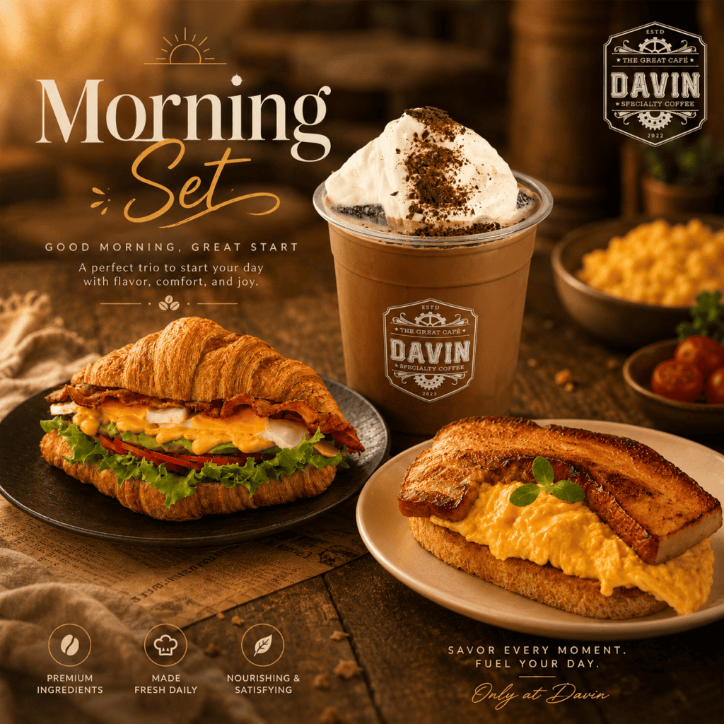 ชุดอาหารเช้า รามอินทรา ของ Davin Cafe ที่มีครัวซองต์แซนด์วิช โทสต์ไข่คนเบคอน และเครื่องดื่มเย็นท็อปครีม เสิร์ฟในบรรยากาศอบอุ่นสไตล์ยุโรป เหมาะสำหรับเริ่มต้นวันด้วยมื้อเช้าคุณภาพ กาแฟดี และเมนูที่อิ่มสบายครบในเซ็ตเดียว