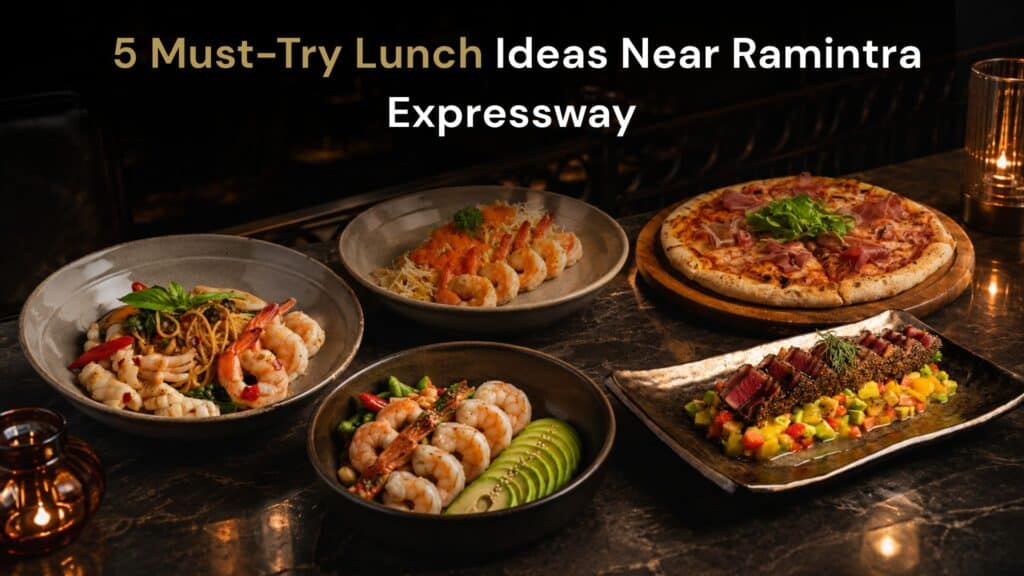 Hero image for Davin Cafe’s lunch guide in Ramintra, featuring five recommended midday dishes including seafood pasta, A.O.P shrimp, Parma ham pizza, shrimp avocado salad, and tuna avocado in a refined cafe dining atmosphere.