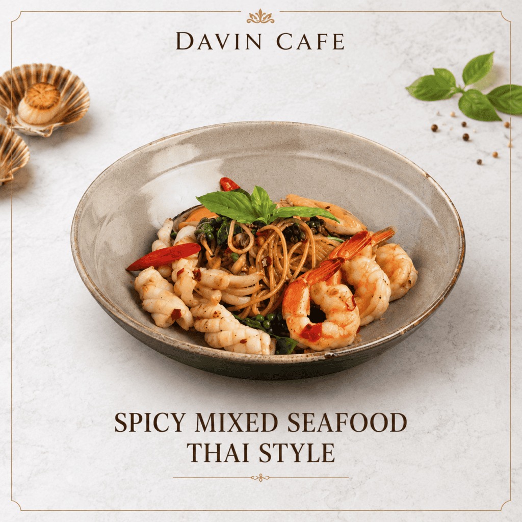 สปาเกตตีซีฟู้ดผัดรสจัดสไตล์ไทยของ Davin Cafe เสิร์ฟพร้อมกุ้ง ปลาหมึก พริกสด และใบโหระพา เป็นเมนูมื้อเที่ยงที่เหมาะสำหรับคนอยากได้จานหลักรสเข้ม อิ่มพอดี และมีความสดของอาหารทะเลในบรรยากาศคาเฟ่คุณภาพ